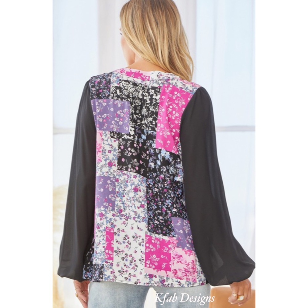 ❤️LAST 2! V Neck Floral Patchwork Ballon Sleeves Top! - Picture 6 of 7